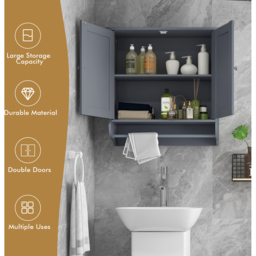 Costway 2 Door Grey Wall Mounted Bathroom Cabinet with Towel Rack - Size: 60 x 21 x 61cm - Wilko - thumbnail 5
