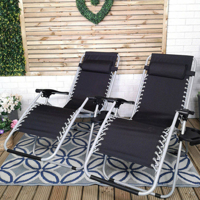 Samuel Alexander Set of 2 Black and Grey Multi Position Garden Sun Lounger with Canopy - Size: 1 Seater - Wilko - image 1