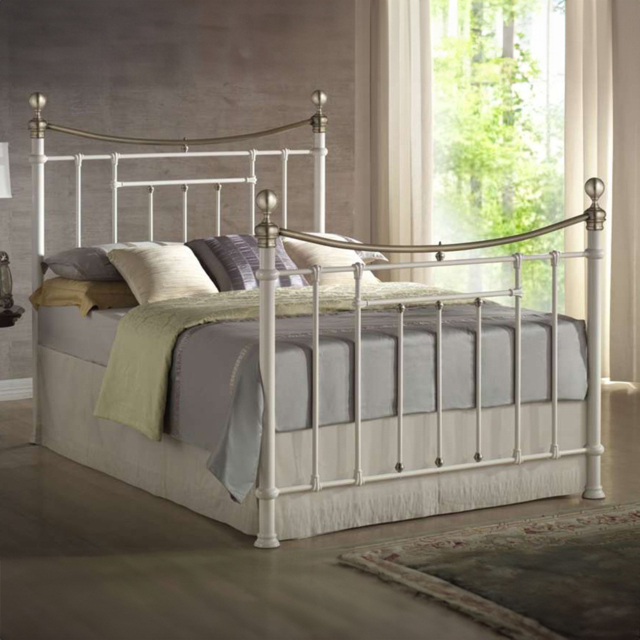 Bronte King Size Cream and Antique Brass Metal Bed Frame - White - Birlea - Wilko - image 1