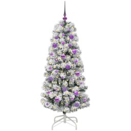 vidaXL Pre-Lit Warm White LED and Lilac Baubles Snow Flocked Artificial Christmas Tree 4.9ft - Green - Wilko