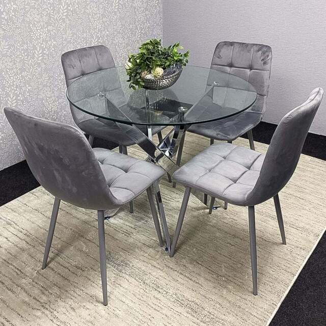 Kosy Koala 4 Seater Glass Round Dining Set Grey Velvet - Multi - Wilko - image 1