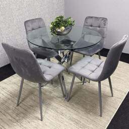 Kosy Koala 4 Seater Glass Round Dining Set Grey Velvet - Multi - Wilko