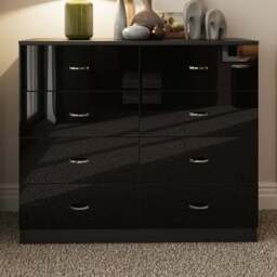 FWStyle Chilton 8 Drawer Black Gloss Chest of Drawers - Wilko