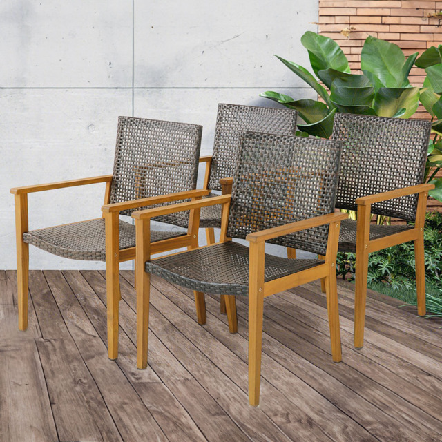Costway Set of 4 Outdoor Acacia Wood and PE Wicker Chair - Size: 67 x 63 x 39cm - Brown - Wilko - image 1