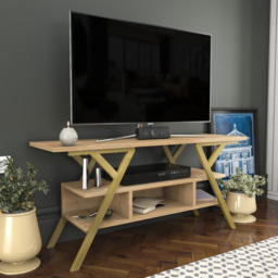 Decorotika Minerva Decorative 4 Open Shelf Gold and Oak TV Unit - Size: 55 x 120 x 35cm - Multi - Wilko - thumbnail 7