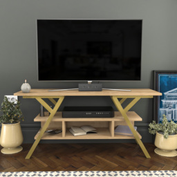 Decorotika Minerva Decorative 4 Open Shelf Gold and Oak TV Unit - Size: 55 x 120 x 35cm - Multi - Wilko - thumbnail 5