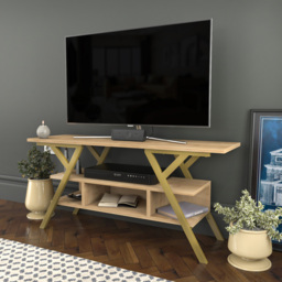 Decorotika Minerva Decorative 4 Open Shelf Gold and Oak TV Unit - Size: 55 x 120 x 35cm - Multi - Wilko - thumbnail 6
