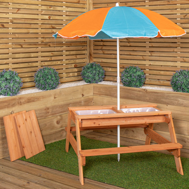 Samuel Alexander 4 Seater Kids Wooden Picnic and Activity Table with Parasol and Tray - Size: 156 x 98 x 98cm - Brown - Wilko - image 1