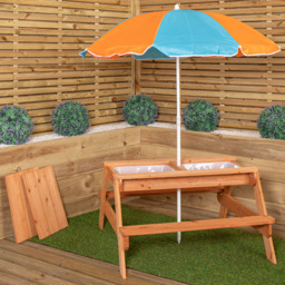 Samuel Alexander 4 Seater Kids Wooden Picnic and Activity Table with Parasol and Tray - Size: 156 x 98 x 98cm - Brown - Wilko - thumbnail 1