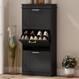 Portland 3 Flip Drawer Black Slim Shoe Storage Cabinet - Size: 117.5 x 24 x 54cm - Wilko