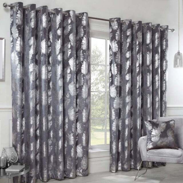 Divante Charcoal Plume Metallic Feather Curtains 229 x 168cm - Size: W 228 x D 168cm - Wilko - image 1