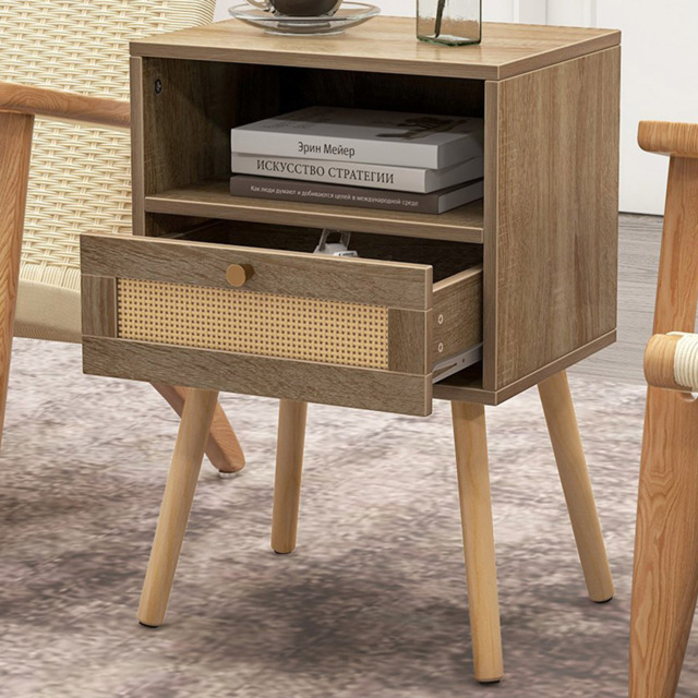 Costway Single Drawer Single Shelf Natural Rattan Bedside Table Set of 2 - Cream - Wilko - image 1