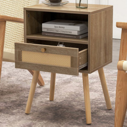 Costway Single Drawer Single Shelf Natural Rattan Bedside Table Set of 2 - Cream - Wilko - thumbnail 1
