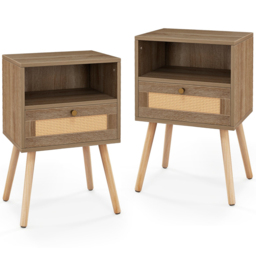 Costway Single Drawer Single Shelf Natural Rattan Bedside Table Set of 2 - Cream - Wilko - thumbnail 3