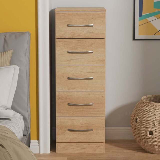 Crowndale Avon 5 Drawer Nebraska Oak Tall Bedside Cabinet Ready Assembled - Wilko - image 1