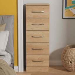 Crowndale Avon 5 Drawer Nebraska Oak Tall Bedside Cabinet Ready Assembled - Wilko - thumbnail 1