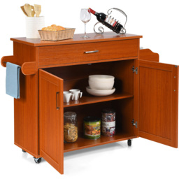 Costway 2 Door Single Drawer Single Shelf Brown Rolling Kitchen Storage Trolley - Size: 101 x 51 x 20cm - Wilko - thumbnail 4