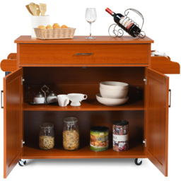 Costway 2 Door Single Drawer Single Shelf Brown Rolling Kitchen Storage Trolley - Size: 101 x 51 x 20cm - Wilko - thumbnail 5
