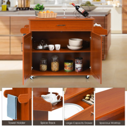 Costway 2 Door Single Drawer Single Shelf Brown Rolling Kitchen Storage Trolley - Size: 101 x 51 x 20cm - Wilko - thumbnail 7