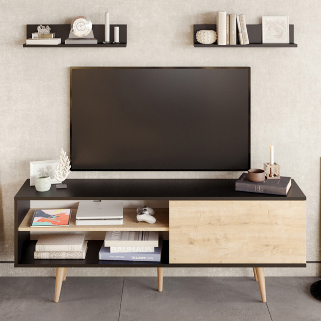 Decorotika Pi Single Door Black and Oak TV Unit - Size: 59 x 160 x 35cm - Multi - Wilko - image 1