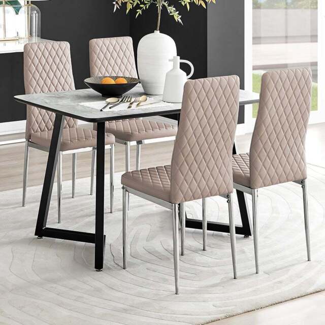 Furniturebox Copeland Valera Marble Effect 4 Seater Dining Set White Cappuccino and Chrome - Wilko - image 1