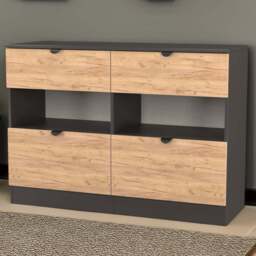 Crowndale Bora 4 Drawer 2 Shelf Gold Oak and Graphite Wide Midi Chest - Grey - Wilko