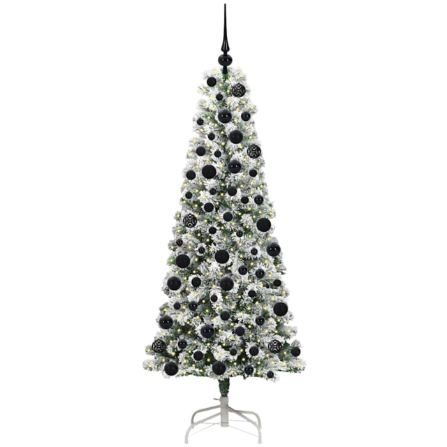 vidaXL Pre-Lit Warm White LED and Black Baubles Snow Flocked Artificial Christmas Tree 5.9ft - Green - Wilko - image 1