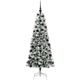 vidaXL Pre-Lit Warm White LED and Black Baubles Snow Flocked Artificial Christmas Tree 5.9ft - Green - Wilko - thumbnail 5