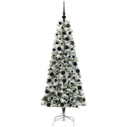 vidaXL Pre-Lit Warm White LED and Black Baubles Snow Flocked Artificial Christmas Tree 5.9ft - Green - Wilko