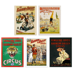 Artery8 Vintage Barnum and Bailey Greatest Show On Earth Circus Wall Art Print 30 x 41cm 5 Pack - Size: 40.5 x 30.5 x 0.3cm - Multi - Wilko - thumbnail 1