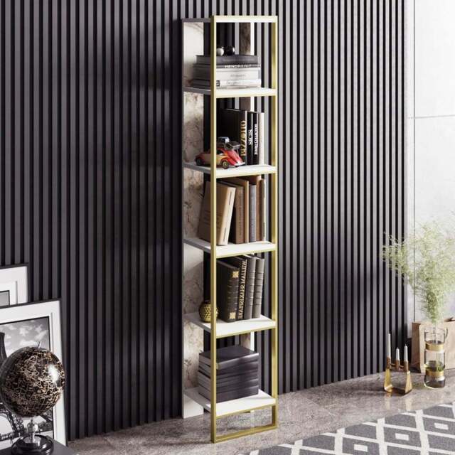 Decorotika Polka 5 Shelf White Marble and Gold Bookshelf - Size: 178.5 x 32.2 x 31.3cm - Multi - Wilko - image 1