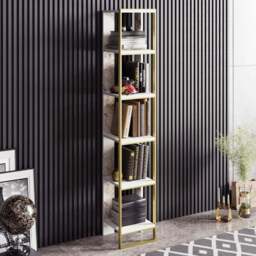 Decorotika Polka 5 Shelf White Marble and Gold Bookshelf - Size: 178.5 x 32.2 x 31.3cm - Multi - Wilko