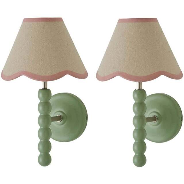 ValueLights Pink Trim Scallop Shade Green Bobbin LED Wall Light with Bulb 2 Pack - Size: 32 x 19 x 20cm - Wilko - image 1