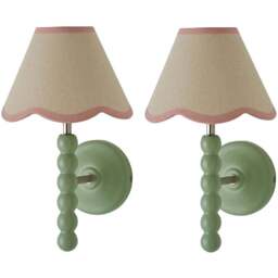 ValueLights Pink Trim Scallop Shade Green Bobbin LED Wall Light with Bulb 2 Pack - Size: 32 x 19 x 20cm - Wilko - thumbnail 1
