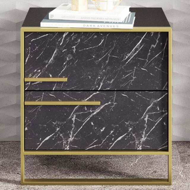 Decorotika Polka 2 Drawer Black Marble Effect and Gold Bedside Table - Wilko - image 1