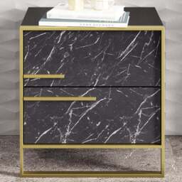 Decorotika Polka 2 Drawer Black Marble Effect and Gold Bedside Table - Wilko