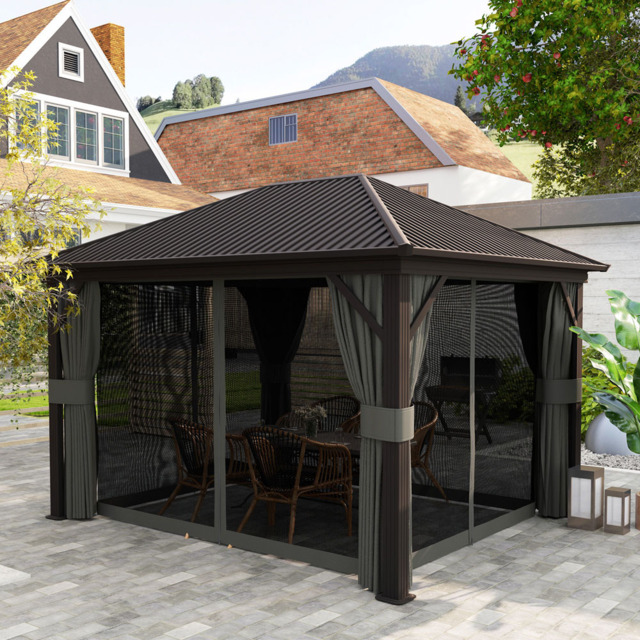 Outsunny 3.6 x 3m Dark Grey Metal Hard Top Gazebo with Screened Curtain - Wilko - image 1