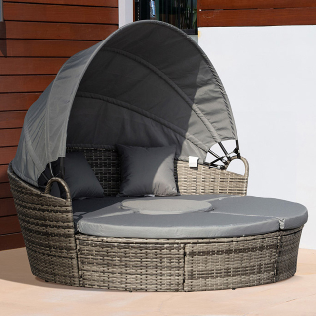 Outsunny 6 Seater Grey Rattan Round Lounge Set with Retractable Canopy - Wilko - image 1