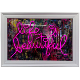 Splashbax Life Is Beautiful White Premium Gallery Frame LED Neon Wall Art - Size: 105 x 75 x 7cm - Multi - Wilko
