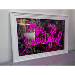 Splashbax Life Is Beautiful White Premium Gallery Frame LED Neon Wall Art - Size: 105 x 75 x 7cm - Multi - Wilko - thumbnail 4