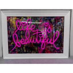 Splashbax Life Is Beautiful White Premium Gallery Frame LED Neon Wall Art - Size: 105 x 75 x 7cm - Multi - Wilko - thumbnail 3