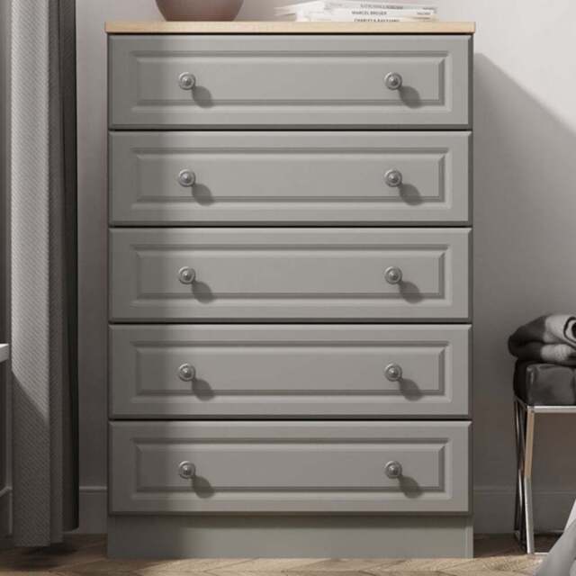 Crowndale Norfolk 5 Drawer Dusk Grey and Bardolino Oak Chest of Drawers Ready Assembled - Dusk Grey & Bardolino Oak - Wilko - image 1