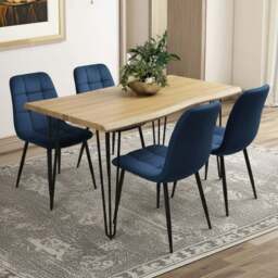 Kosy Koala 4 Seater Velvet Wooden Dining Set Blue - Brown - Wilko