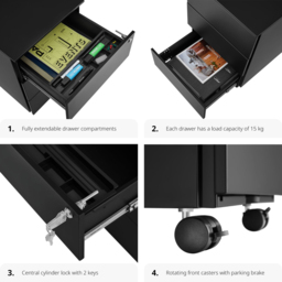 tectake Magna 3 Drawers Black Lockable Chest of Drawers - Wilko - thumbnail 7