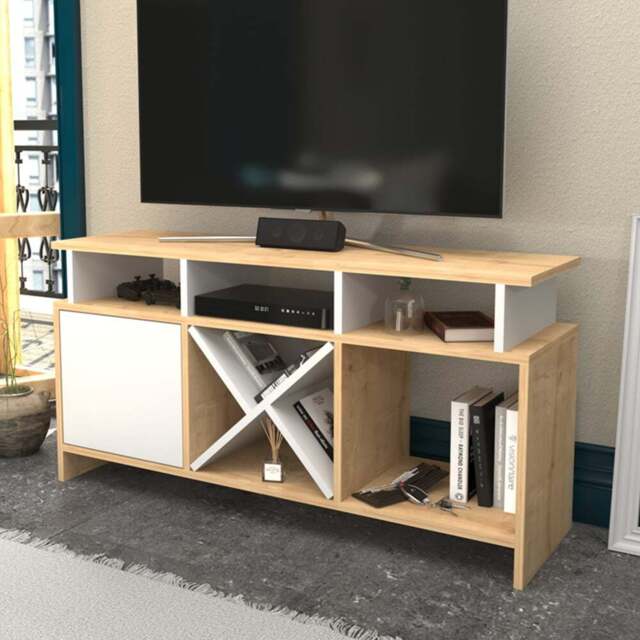 Decorotika Aurburn Single Door 8 Shelf Sapphire Oak and White TV Unit - Size: 60.6 x 120 x 29.6cm - Multi - Wilko - image 1