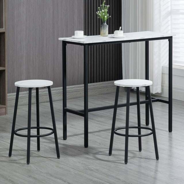 HOMCOM 2 Seater White Marble Effect Bar Table and Stool Set with Footrest - Wilko - image 1