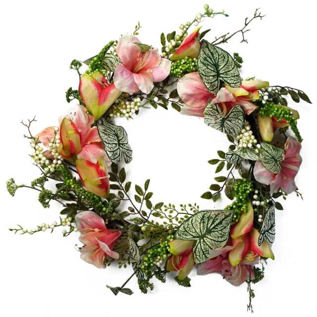 Leaf Pink Lily Artificial Wreath 60cm - Size: 60 x 60 x 10cm - Green - Wilko - image 1