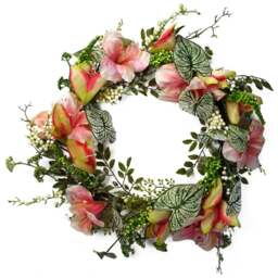 Leaf Pink Lily Artificial Wreath 60cm - Size: 60 x 60 x 10cm - Green - Wilko