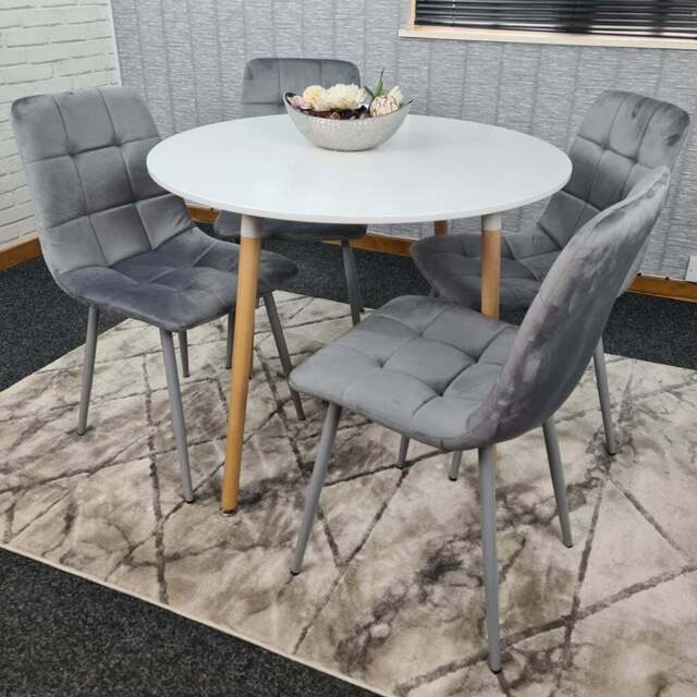 Portland 4 Seater Round Wood Velvet Dining Set White and Grey - Multi - Wilko - image 1
