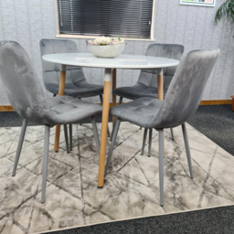 Portland 4 Seater Round Wood Velvet Dining Set White and Grey - Multi - Wilko - thumbnail 3